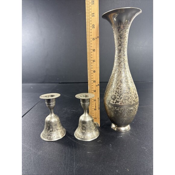 Vintage Z.Y. India Bell Candle Stick Holders (2) And Brass Bud Vase - Picture 8 of 11